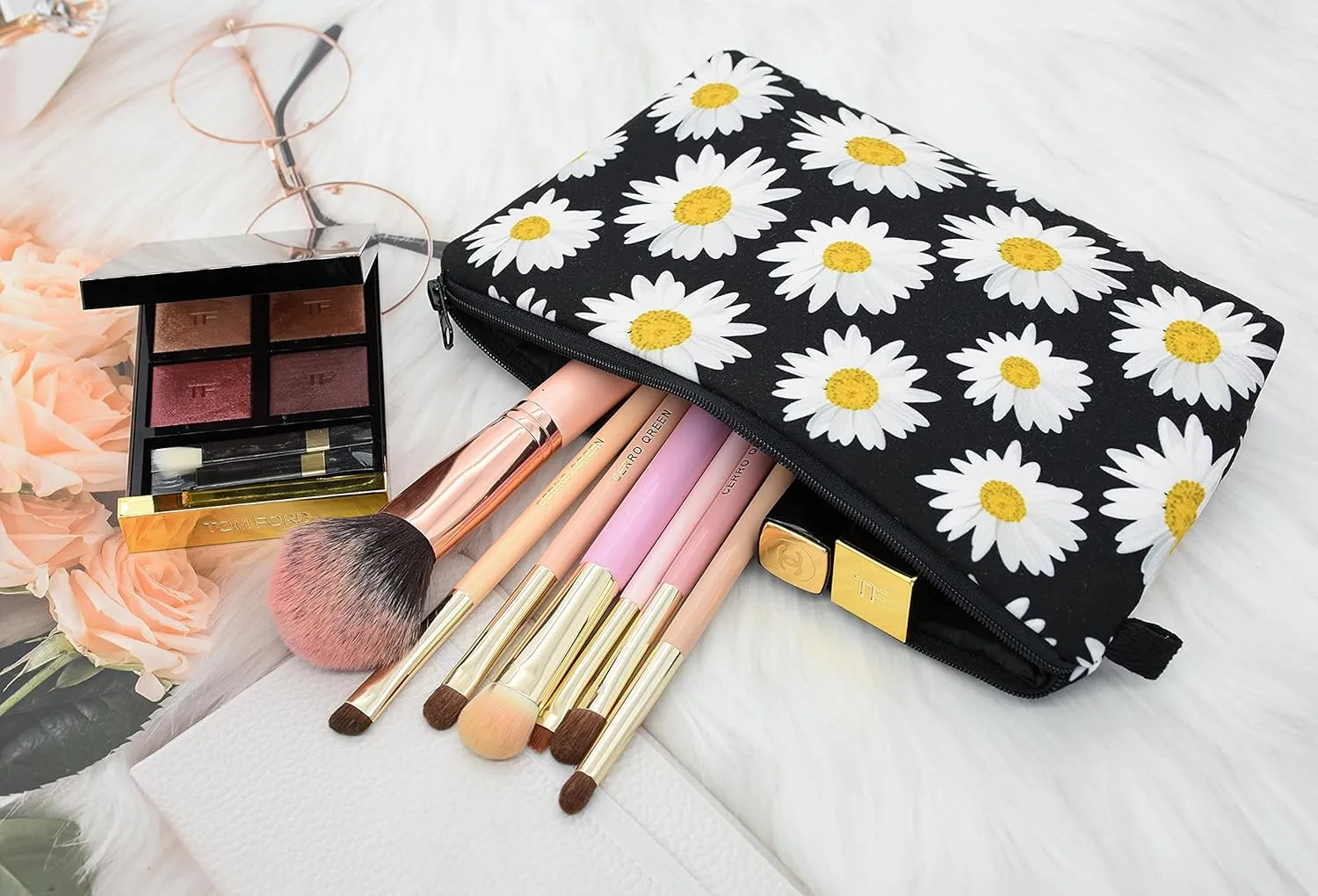 2 Pcs Cosmetic Bag for Women Small Make Up Bag Waterproof Travel Toiletries Pouch with Zipper for Organizing Small Items, Gift Bags for Birthday Christmas(Daisy Flower 1)