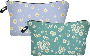 2 Pcs Cosmetic Bag for Women Small Make Up Bag Waterproof Travel Toiletries Pouch with Zipper for Organizing Small Items, Gift Bags for Birthday Christmas(Daisy Flower 2)
