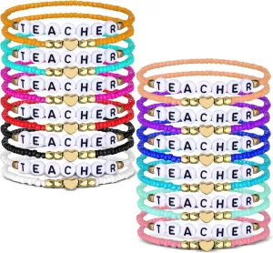 24 Pcs Teacher Beaded Bracelet Teacher Appreciation Gifts for Women Stackable Rainbow Beaded Stretchy Bracelet