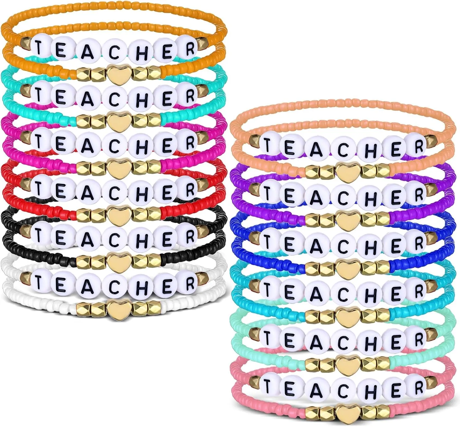 24 Pcs Teacher Beaded Bracelet Teacher Appreciation Gifts for Women Stackable Rainbow Beaded Stretchy Bracelet