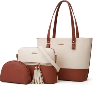 3Pcs Set Handbags and Purses for Women Patchwork Color Shoulder Bags Tassels Totes Top-Handle Satchel Hobo Bags