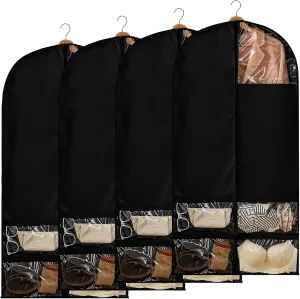 4-Pack Cheer Uniform Garment Bags, 23.6 X 47.2 Inch Black Non-Woven Dustproof Cover with Multi-Pocket Design, Breathable Protection for Uniforms