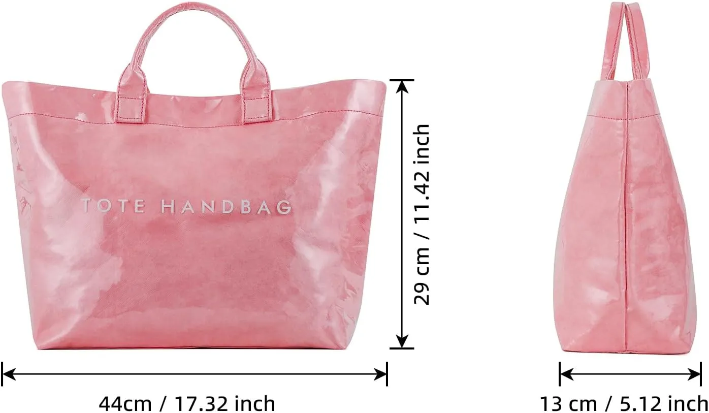 ALUSBELL Large PVC Tote Bag for Women Letters Print Tote Handbag Kraft Paper Travel Shoulder Bag Clear Carry All Hobo Handbag