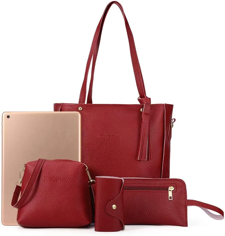 Beach Tote Bag 4 Packet Leather Solid Color Handbags Shoulder Bags Crossbody Hobo Bags Card Purse Work Travel Essential X