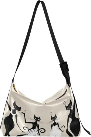 Black White Cat Dancing Tote Bag for Women Large Hobo Bags Leather Crossbody Bags Leather Hobo Bags with Adjustable Strap for School Women
