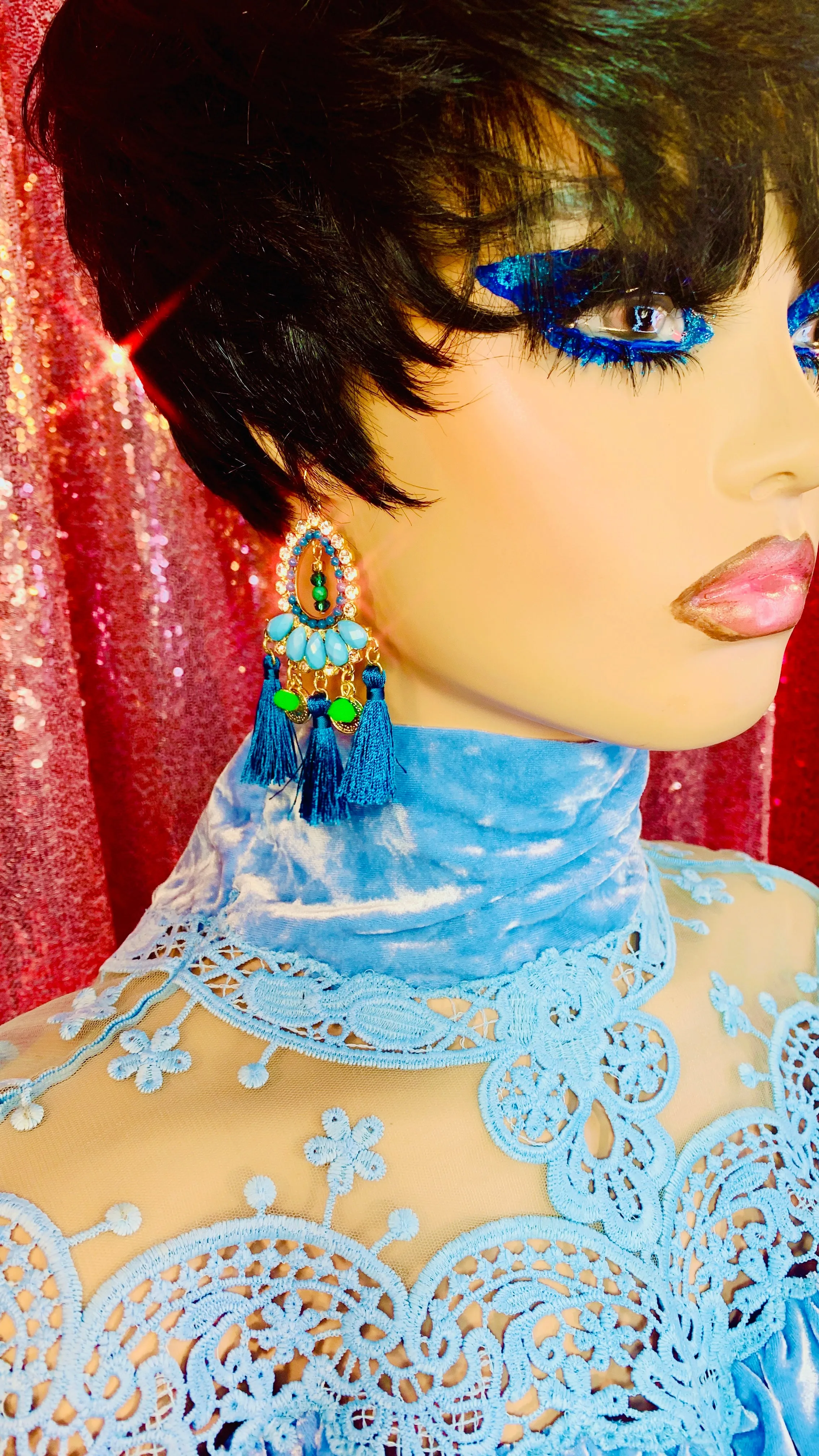 Blue Crystal Chandelier Tassel Earrings