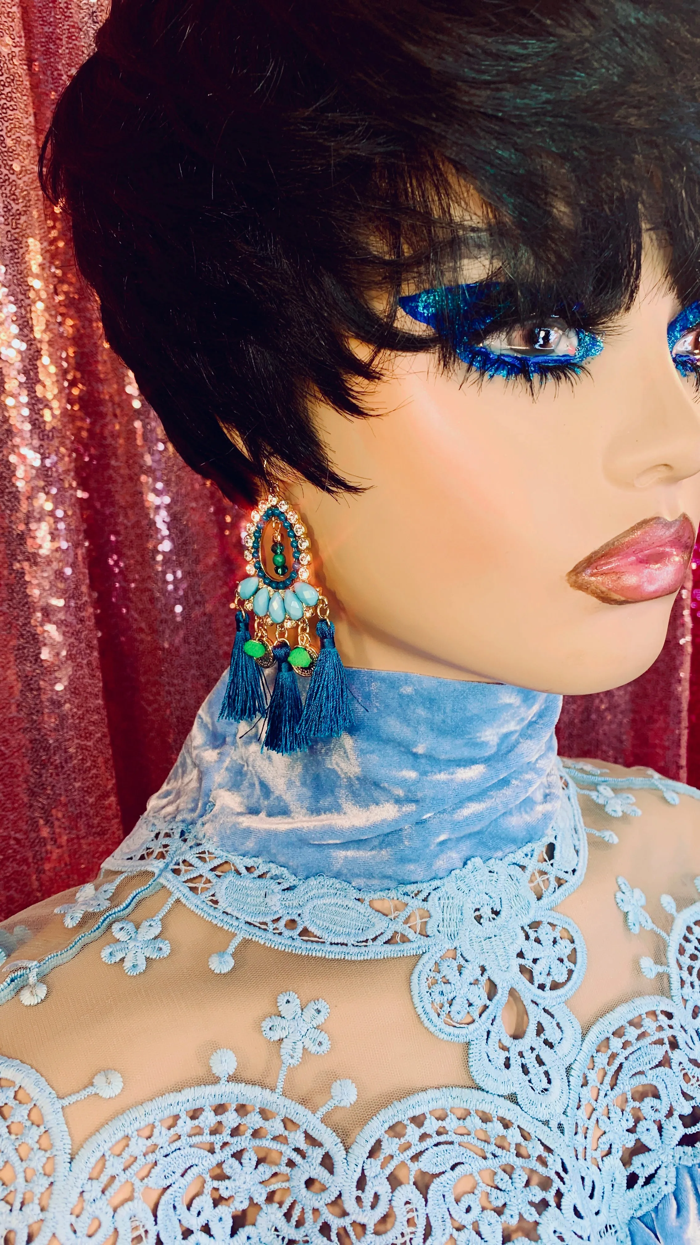 Blue Crystal Chandelier Tassel Earrings