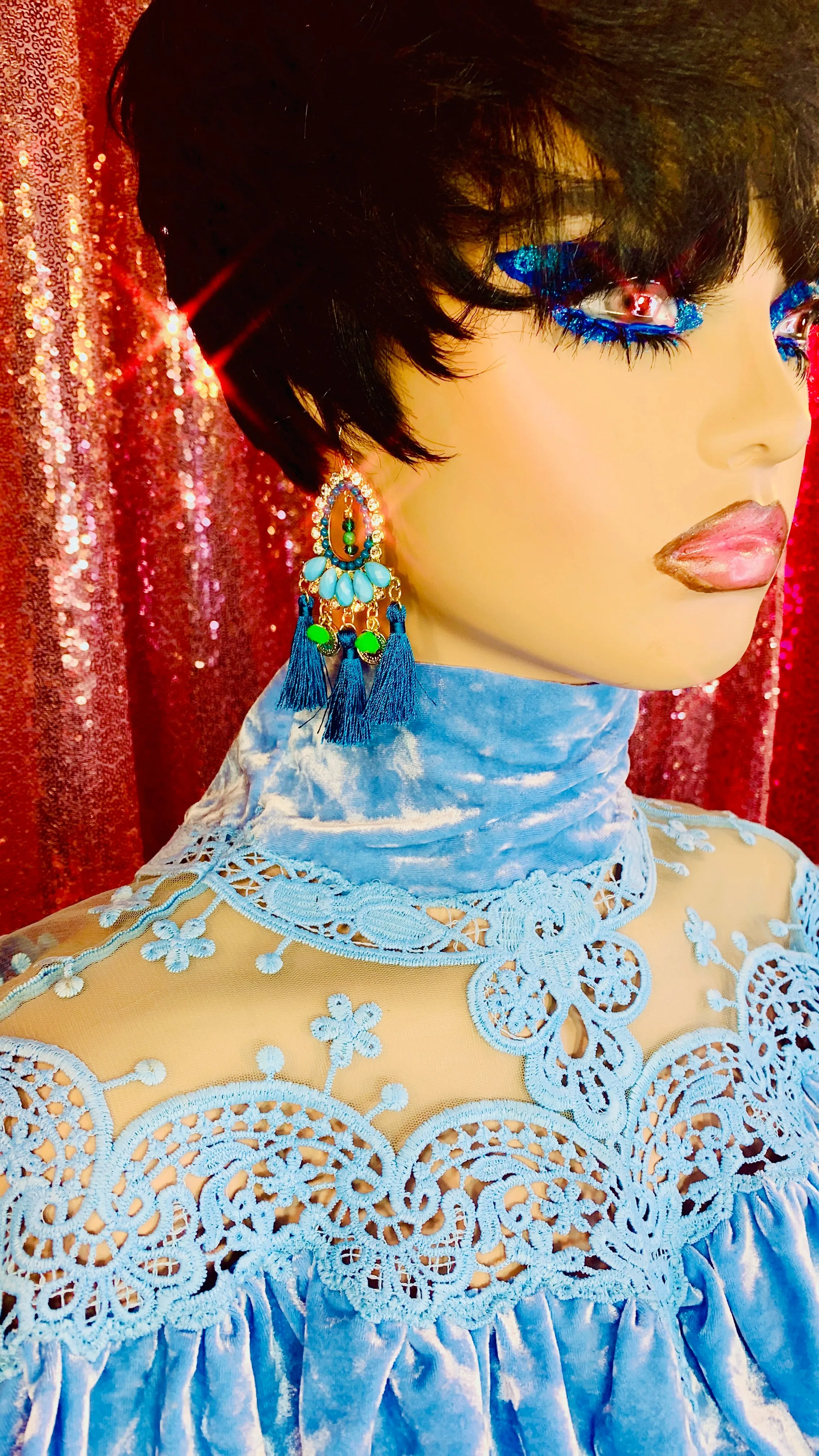 Blue Crystal Chandelier Tassel Earrings