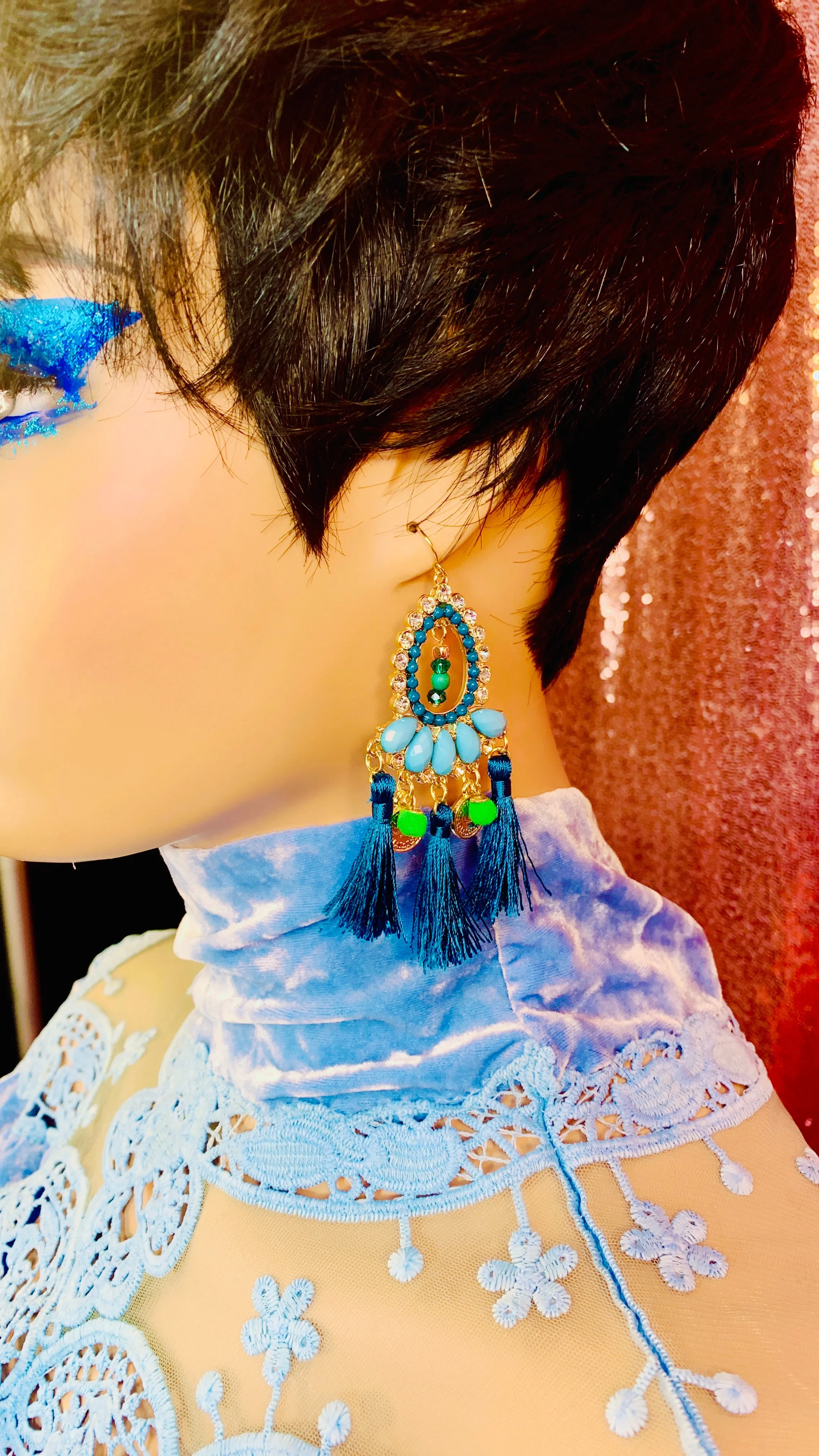 Blue Crystal Chandelier Tassel Earrings