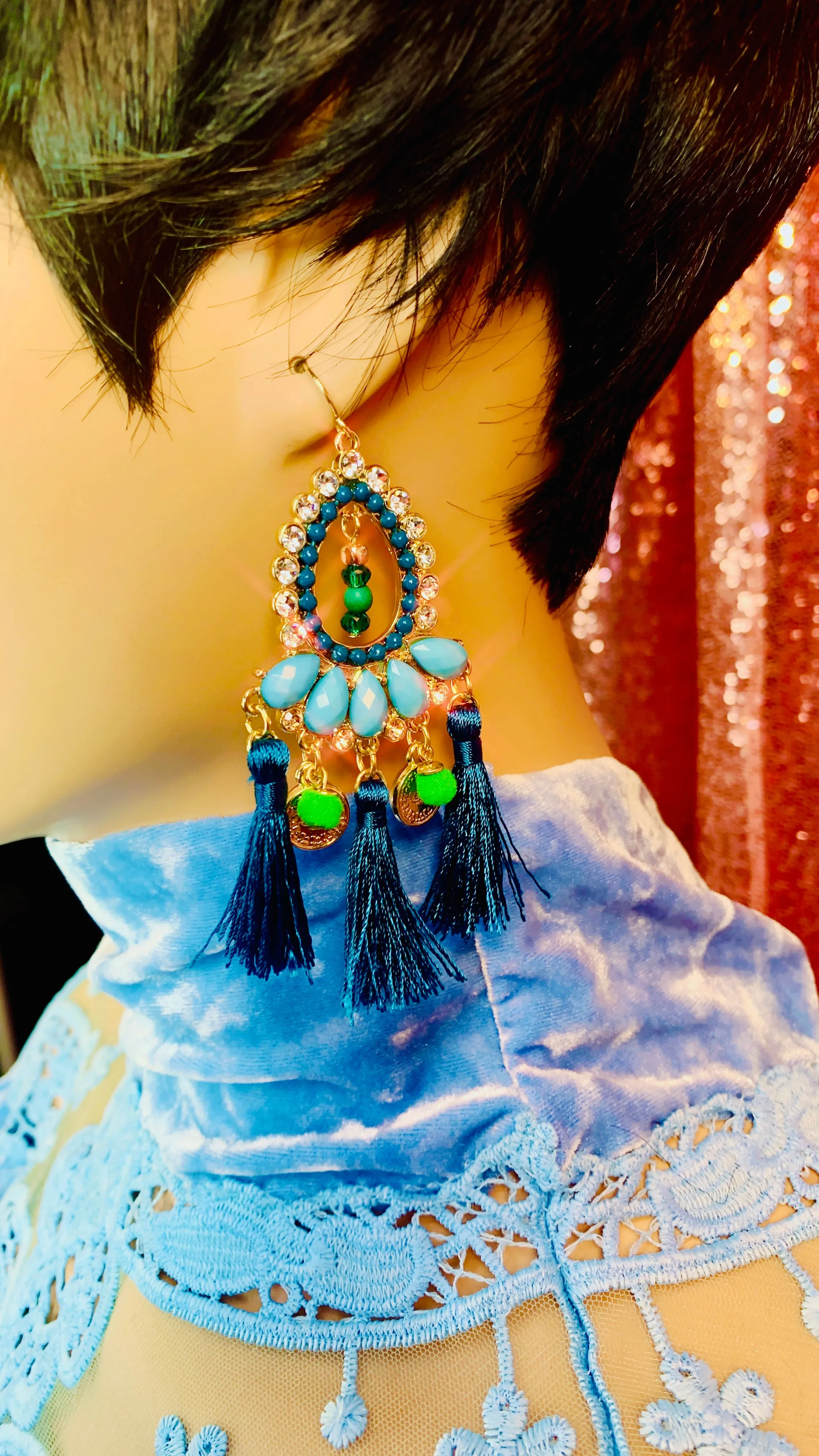 Blue Crystal Chandelier Tassel Earrings
