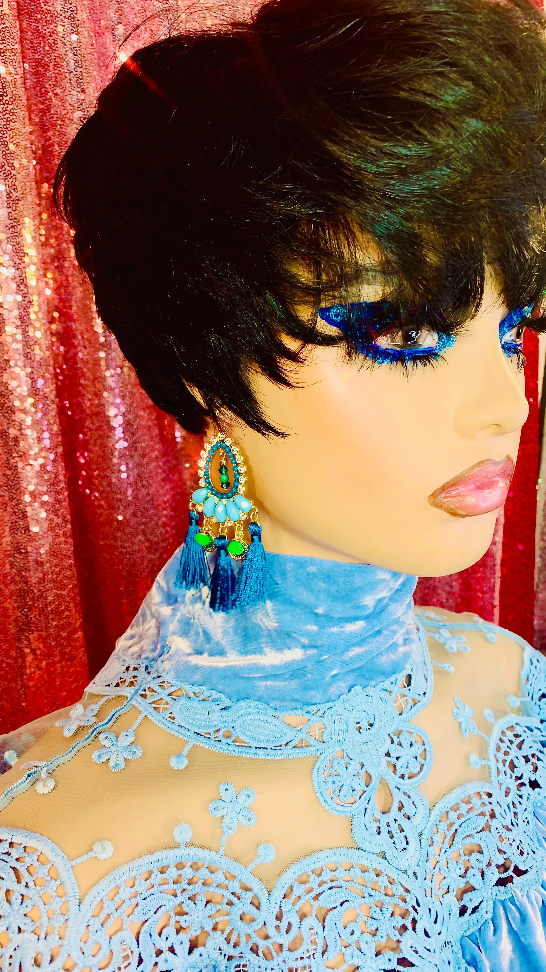 Blue Crystal Chandelier Tassel Earrings