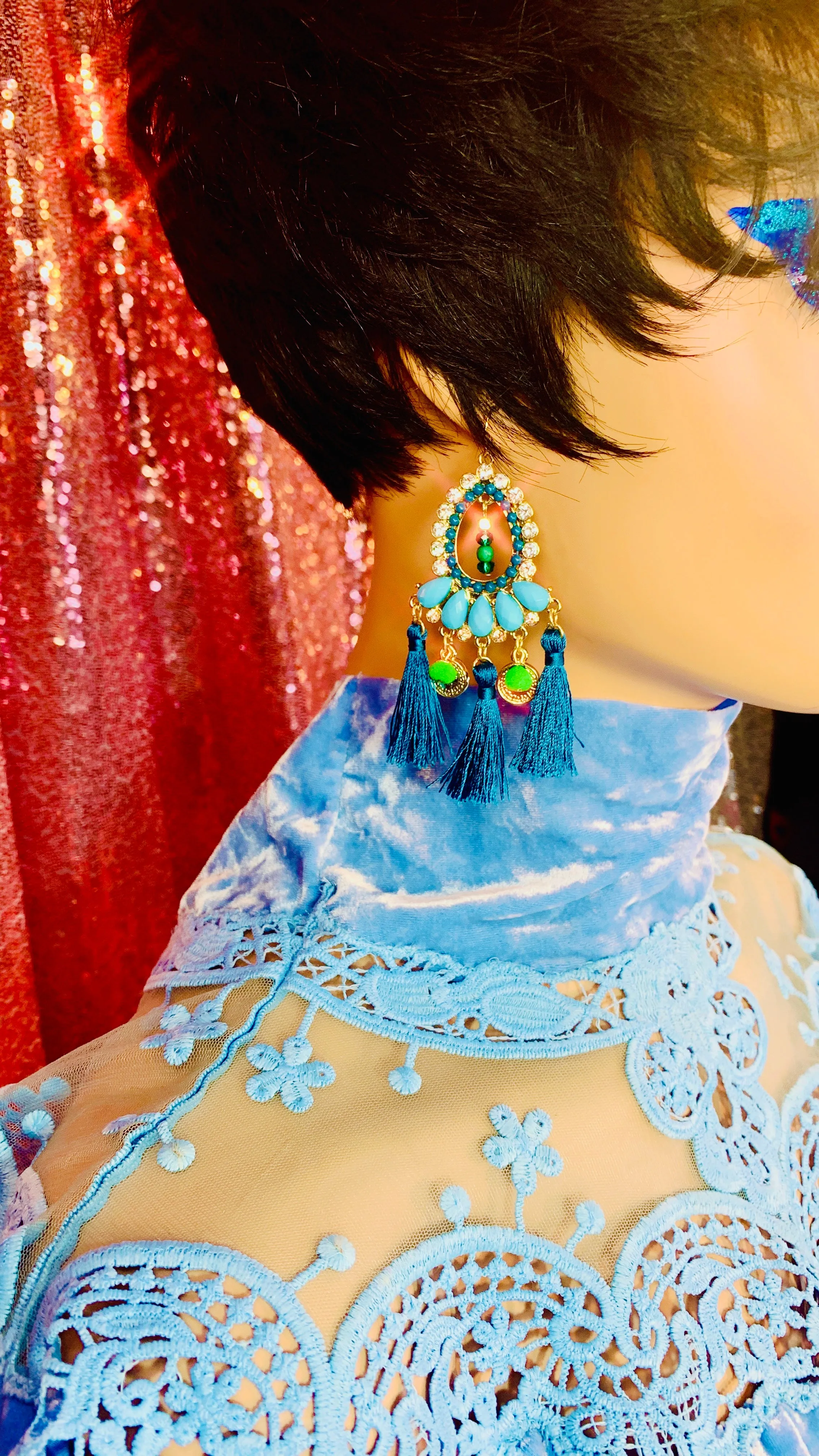 Blue Crystal Chandelier Tassel Earrings