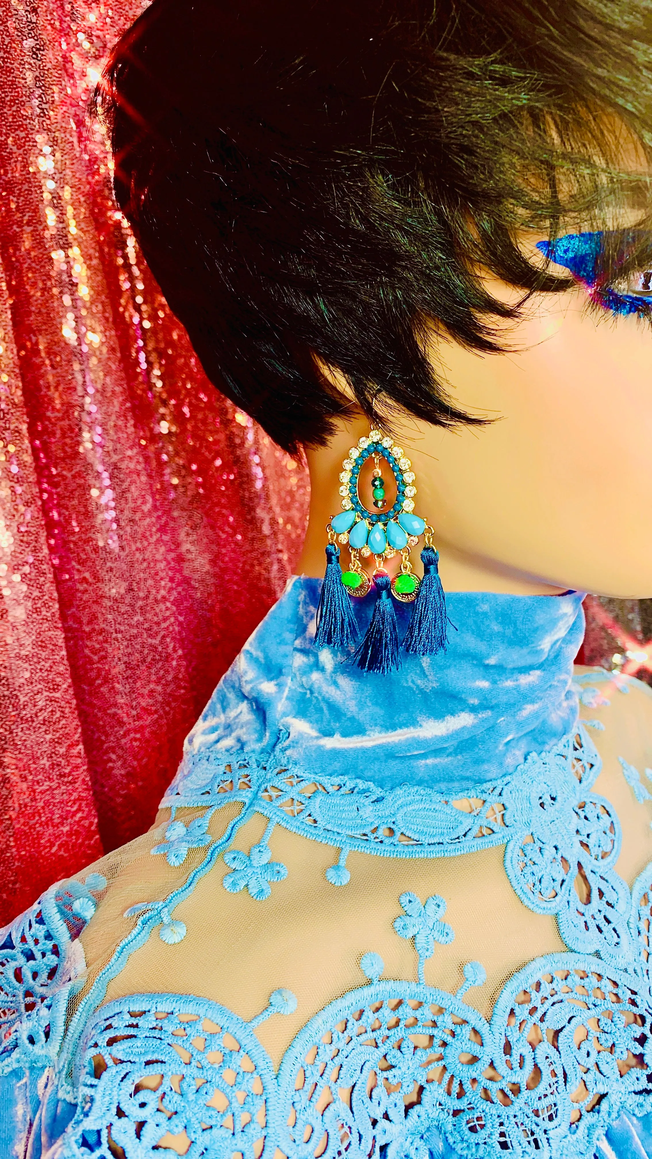 Blue Crystal Chandelier Tassel Earrings