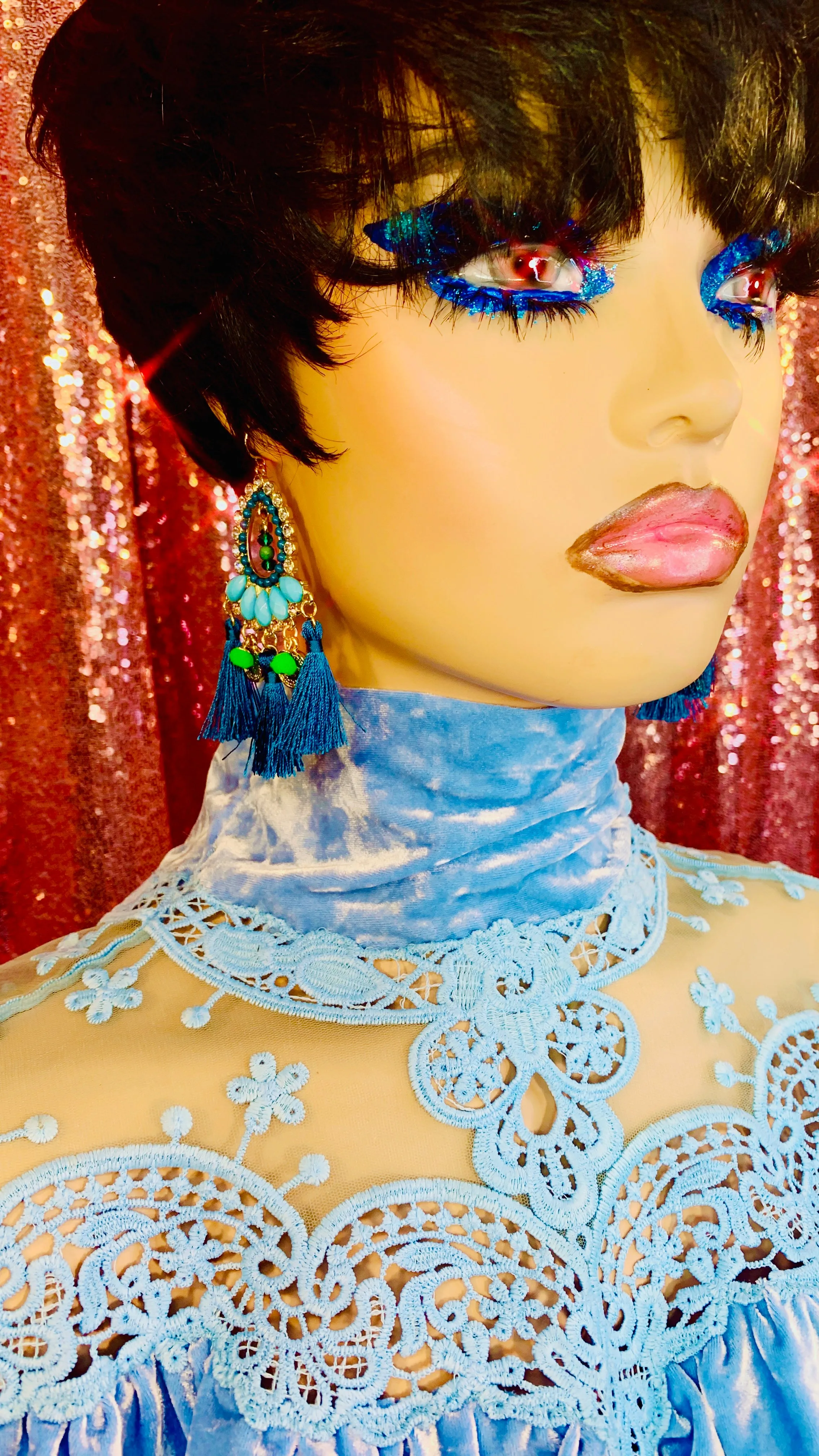 Blue Crystal Chandelier Tassel Earrings