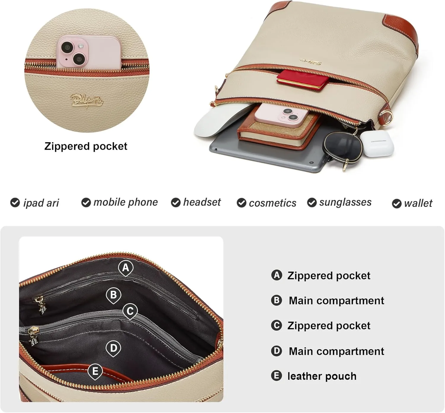 BOYATU Genuine Leather Crossbody Bag Women: Medium Leather Shoulder Purse - Trendy Handbag Travel Adjustable Strap