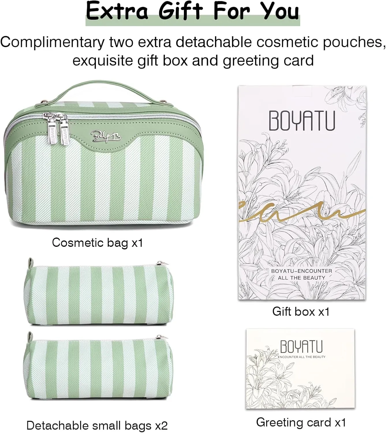BOYATU Travel Makeup Bag for Women: Large Cosmetic Bag Set of 3 - Vegan Leather Make up Bag with Compartments - Compact Waterproof Toiletry Bag with Divider & Handle (05Green)