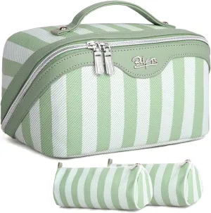 BOYATU Travel Makeup Bag for Women: Large Cosmetic Bag Set of 3 - Vegan Leather Make up Bag with Compartments - Compact Waterproof Toiletry Bag with Divider & Handle (05Green)