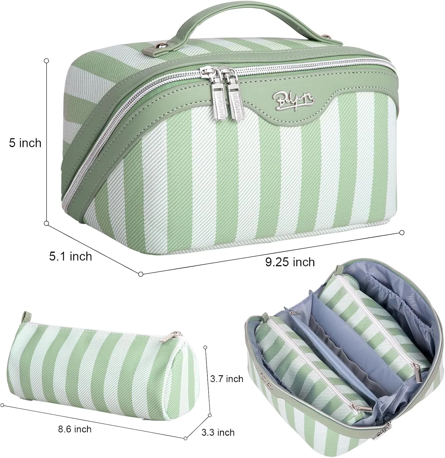 BOYATU Travel Makeup Bag for Women: Large Cosmetic Bag Set of 3 - Vegan Leather Make up Bag with Compartments - Compact Waterproof Toiletry Bag with Divider & Handle (05Green)