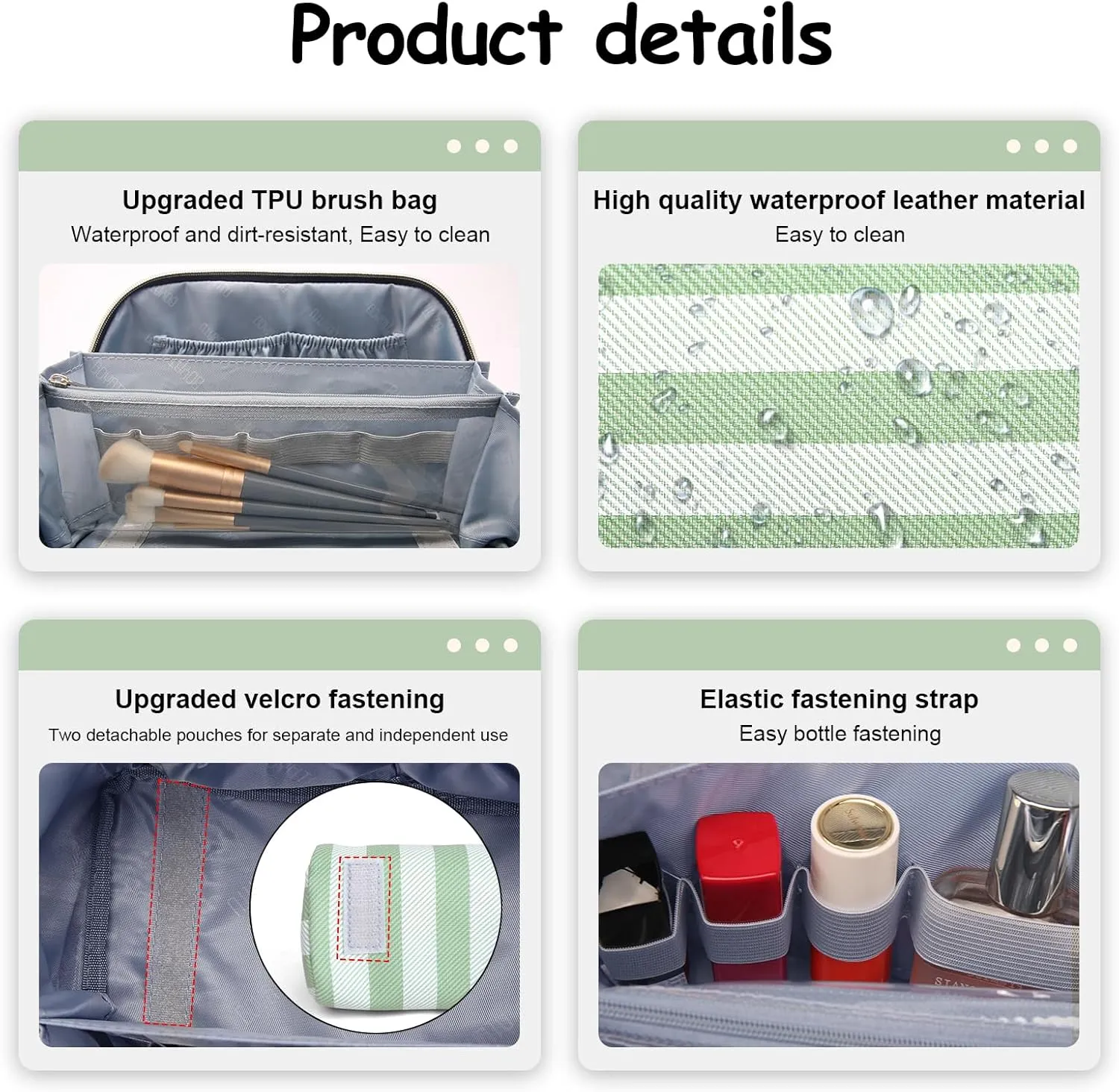 BOYATU Travel Makeup Bag for Women: Large Cosmetic Bag Set of 3 - Vegan Leather Make up Bag with Compartments - Compact Waterproof Toiletry Bag with Divider & Handle (05Green)