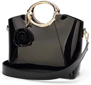 Bright Leather Handbag Leather Womens Handbags Totes Top Handle Shoulder Bag Satchel Ladies Purses (Color : Black)
