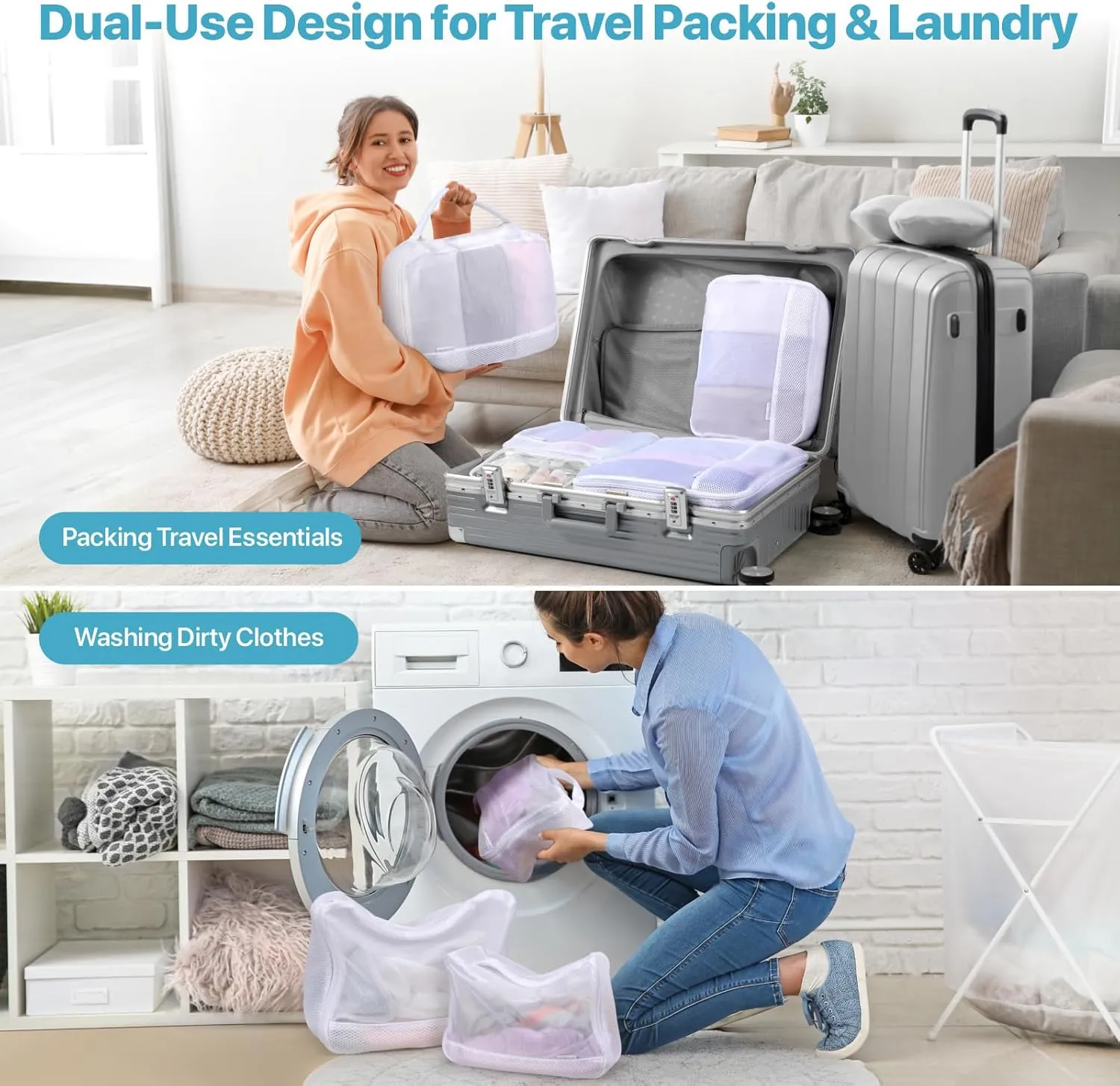 Cambond Dual-Use Mesh Packing Cubes Laundry Bag - See Through Packing Cubes for Travel, Lightweight Machine Washable Mesh Laundry Bags Wash Bags with Handle, Travel Bags Luggage Suitcase Organizer