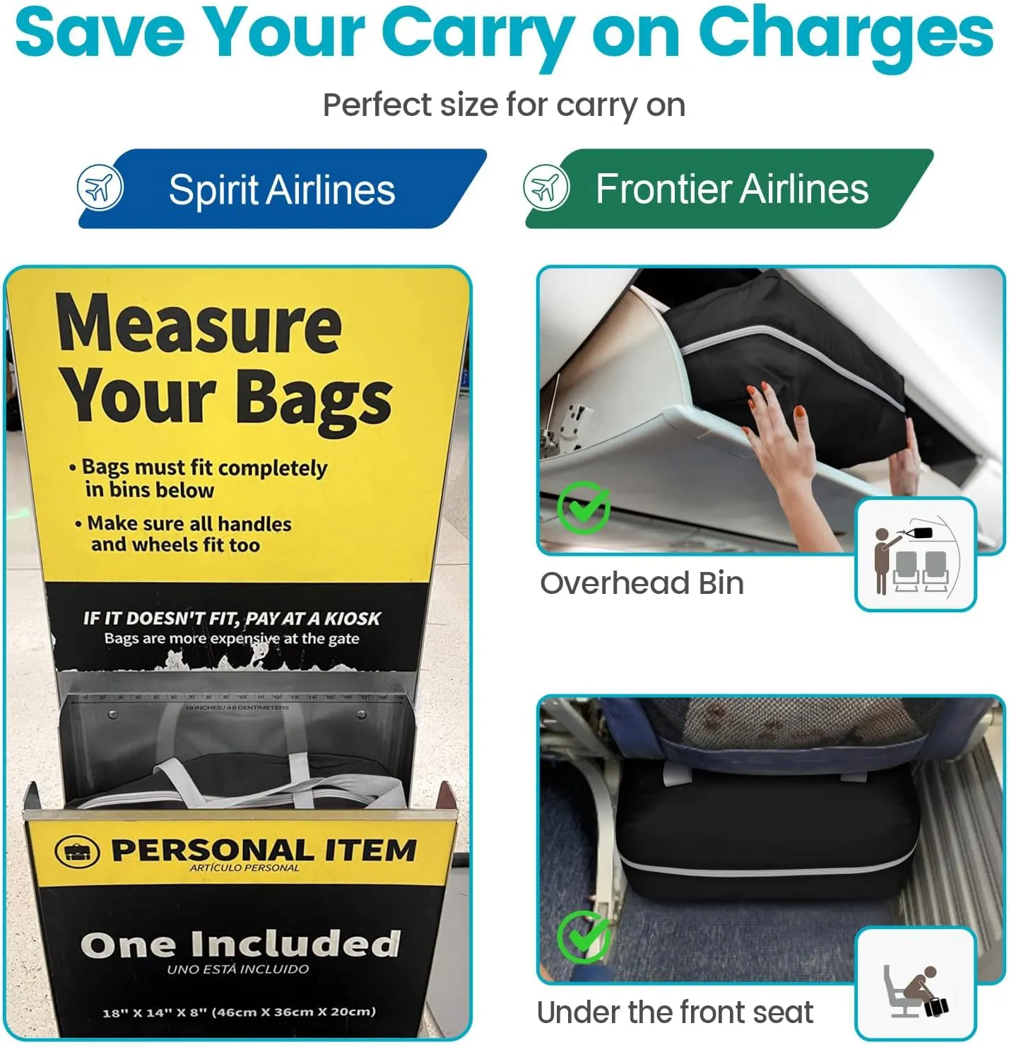 Cambond Spirit Airlines Personal Item Bag 18x14x8 Inch - 30L Carry on Personal Item Travel Bags for Short Trip, Lightweight Compact Underseat Foldable Travel Duffel Bags, Black