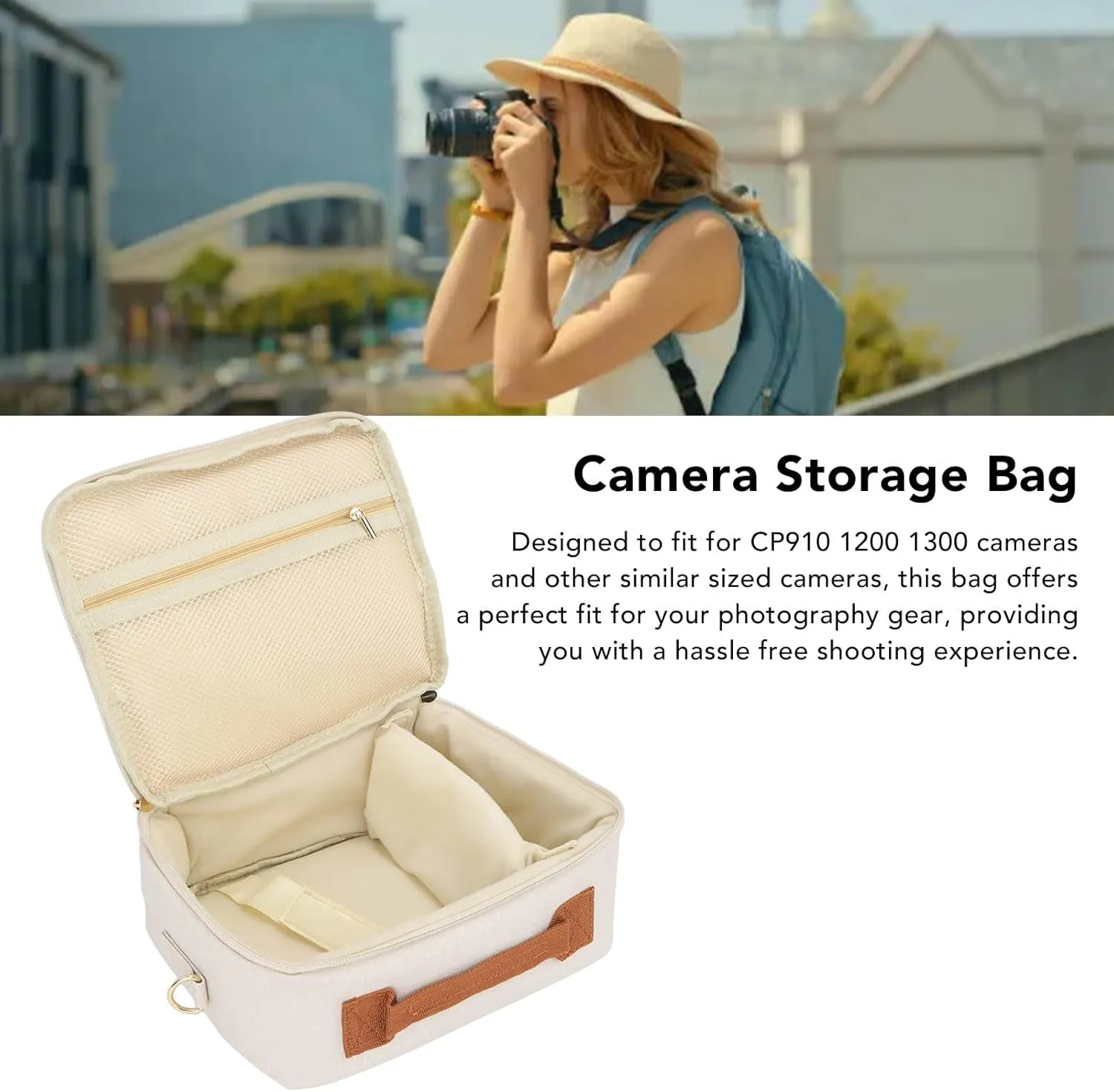 Camera Bag, Large Capacity Camera Storage Bag with Adjustable Shoulder Strap, Thickened Padding Handle Zipper Camera Case for CP910 1200 1300 DSLR (Beige)