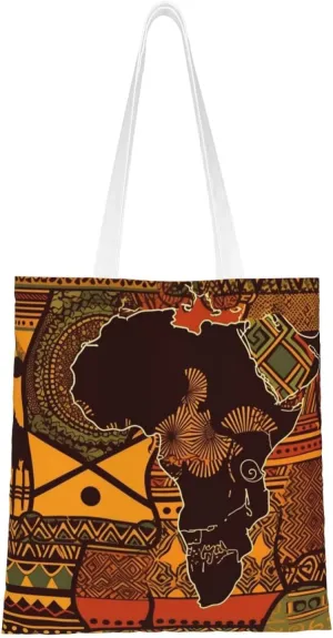 Canvas Tote Bag Aesthetic for Women African Map Ethnic Pattern Shopping Bags Large Tote Shoulder Bag Reusable Grocery Bags Hobo Bags Casual Handbags Cute Cloth Bags Birthday Gifts