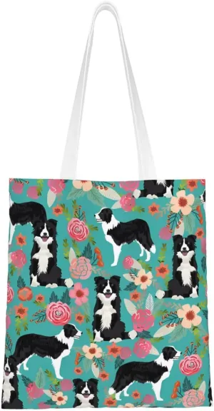 Canvas Tote Bag Aesthetic for Women Border Collie Florals Shopping Bags Large Tote Shoulder Bag Reusable Grocery Bags Hobo Bags Casual Handbags Cute Cloth Bags Birthday Gifts