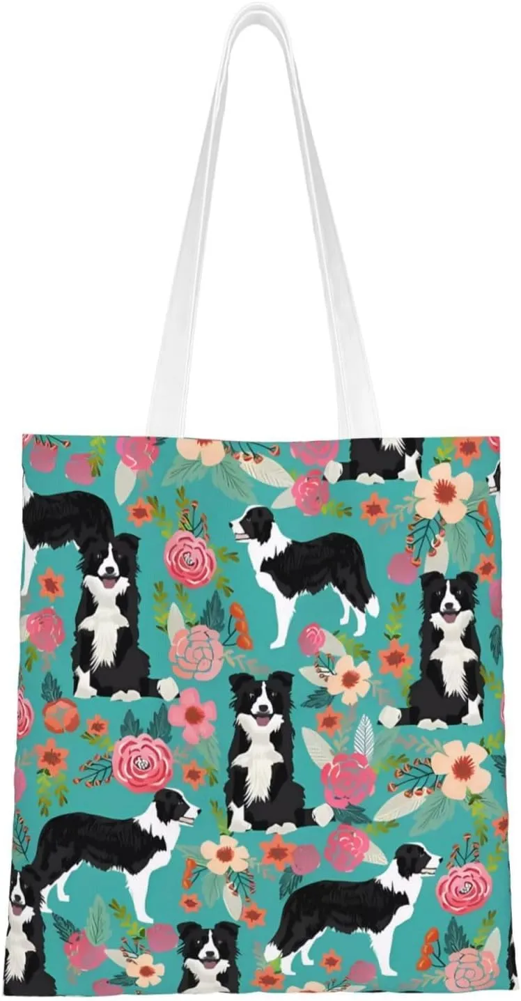 Canvas Tote Bag Aesthetic for Women Border Collie Florals Shopping Bags Large Tote Shoulder Bag Reusable Grocery Bags Hobo Bags Casual Handbags Cute Cloth Bags Birthday Gifts