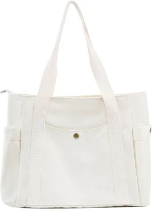 Canvas Tote Bag with Zipper, Multiple Pockets for Daily Essentials, Travel, Work