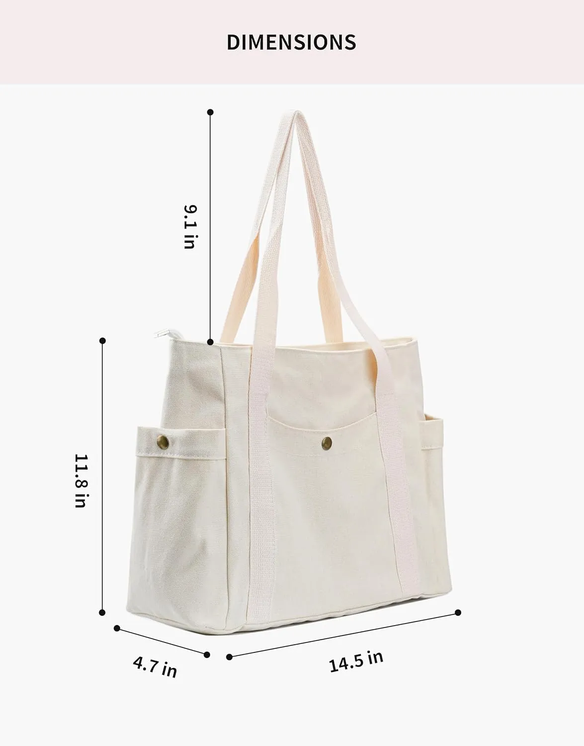 Canvas Tote Bag with Zipper, Multiple Pockets for Daily Essentials, Travel, Work