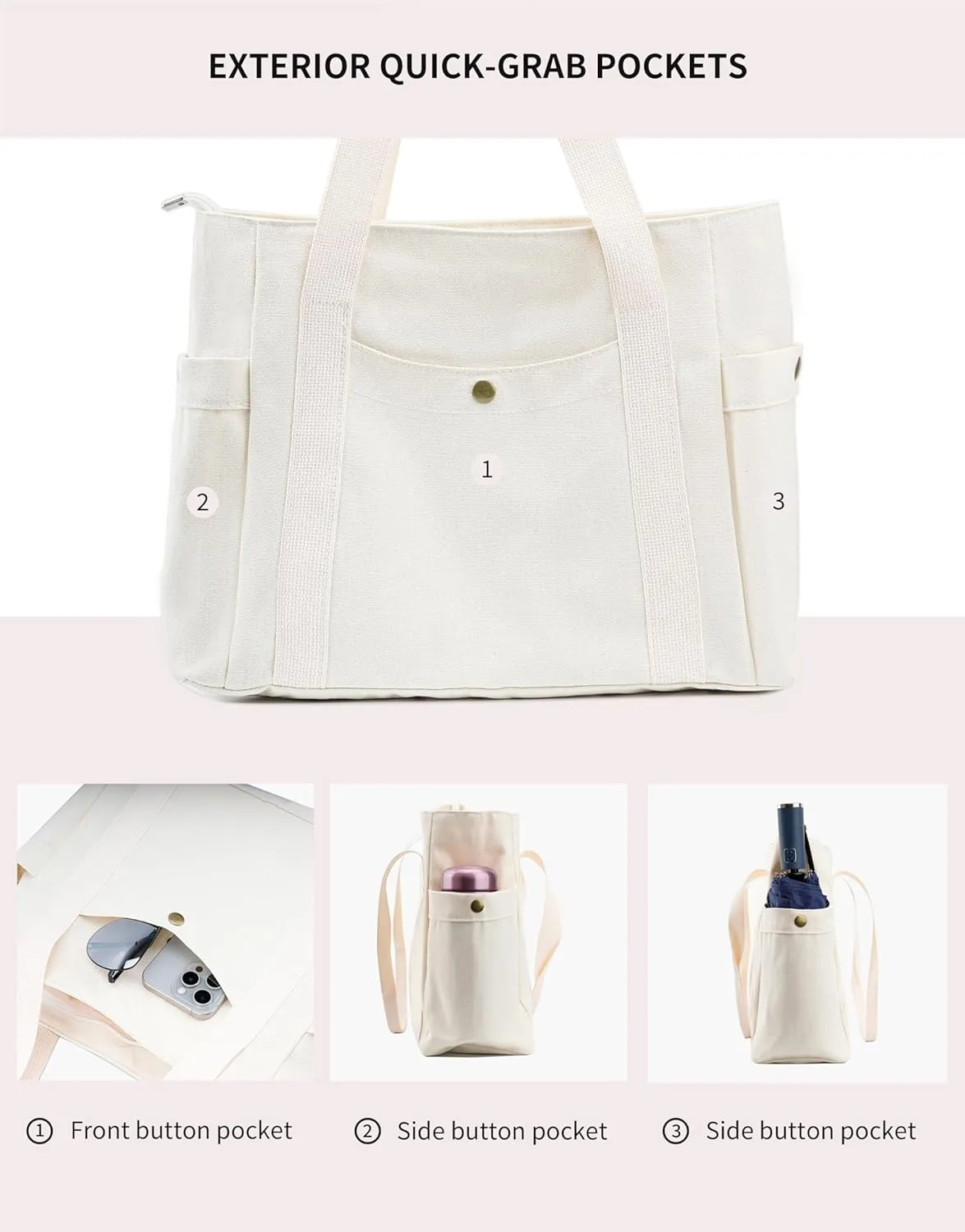 Canvas Tote Bag with Zipper, Multiple Pockets for Daily Essentials, Travel, Work