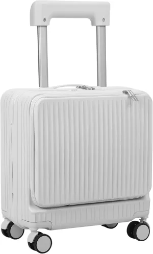 Carry on Luggage with Wheels, 18 Inch Hardside Suitcase, Front Opening Carry On Luggage, Hard Shell Spinner Wheel Luggage with Cup Holder, USB Port, Phone Stand (White) White