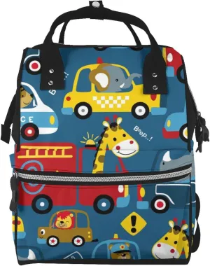 Cartoon vehicle with funny animal driver Diaper Bag Backpack Large Capacity Multifunction with Insulated Pockets Waterproof Baby Diaper Bags Baby Travel Essentials for Dads, Moms, Newborns