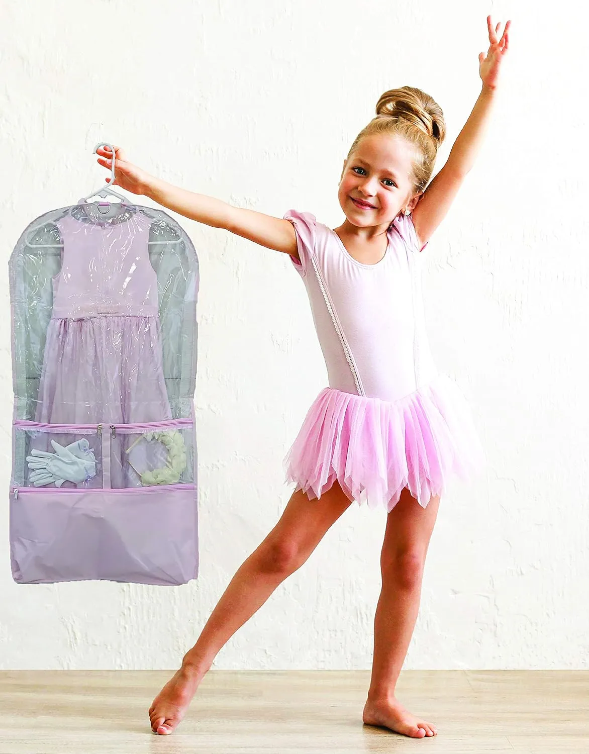 Clear Dance Costume Zipper Garment Bag with Multiple Pockets and Gusset with Pink Trim