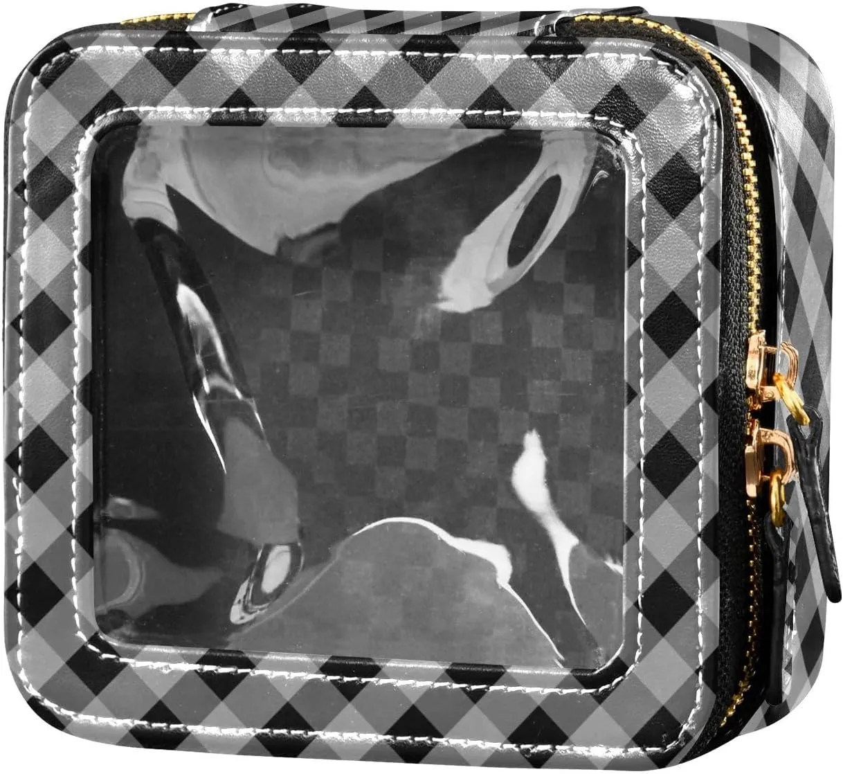 Clear Makeup Bag Small Cosmetic Bags Leather Travel Toiletry Bag with Zipper Mini Waterproof Make Up Brush Pouch Purse Organizer for Women Men Black and White Diagonal Gingham Plaid