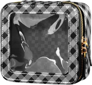 Clear Makeup Bag Small Cosmetic Bags Leather Travel Toiletry Bag with Zipper Mini Waterproof Make Up Brush Pouch Purse Organizer for Women Men Black and White Diagonal Gingham Plaid