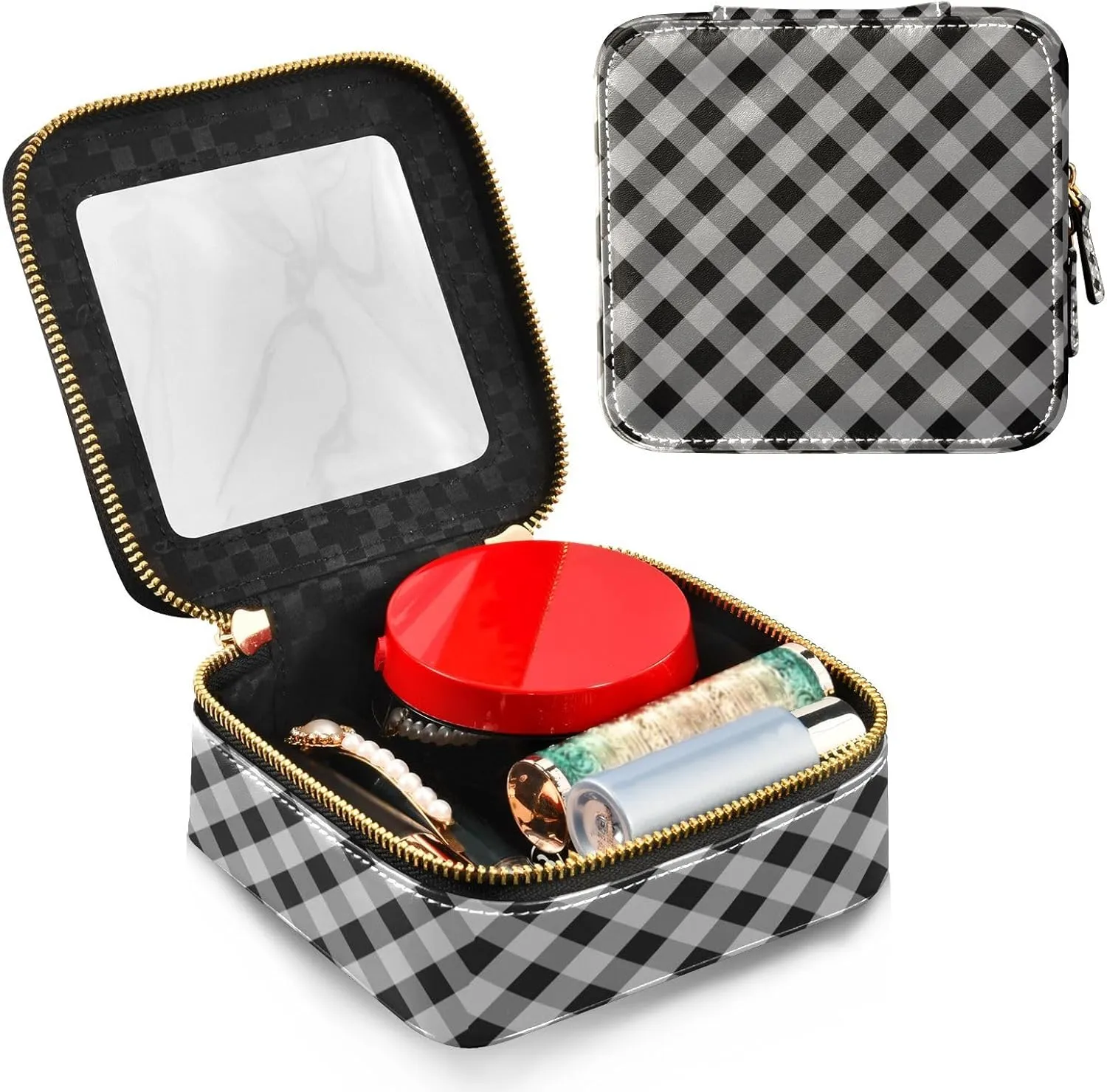 Clear Makeup Bag Small Cosmetic Bags Leather Travel Toiletry Bag with Zipper Mini Waterproof Make Up Brush Pouch Purse Organizer for Women Men Black and White Diagonal Gingham Plaid
