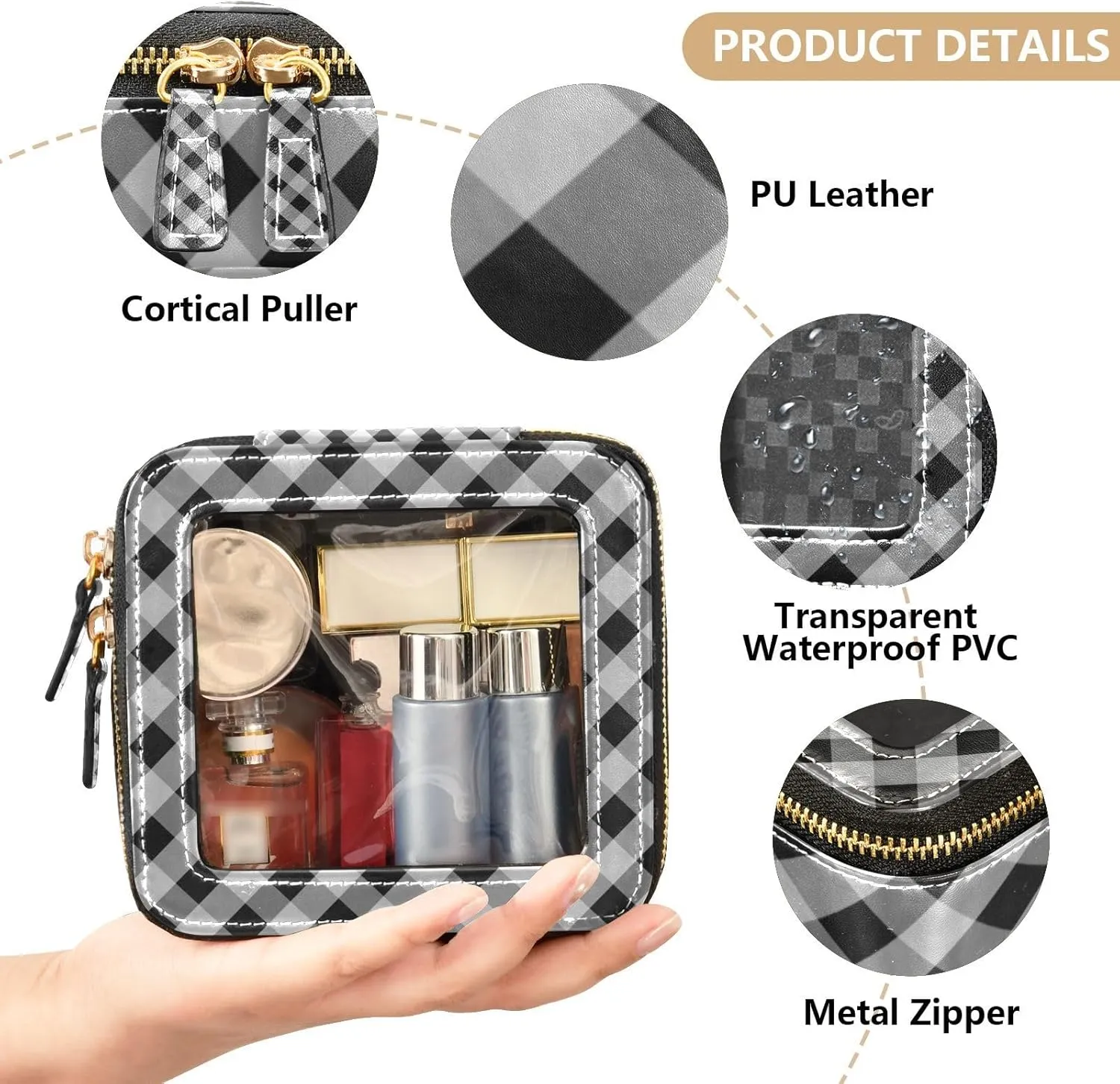 Clear Makeup Bag Small Cosmetic Bags Leather Travel Toiletry Bag with Zipper Mini Waterproof Make Up Brush Pouch Purse Organizer for Women Men Black and White Diagonal Gingham Plaid