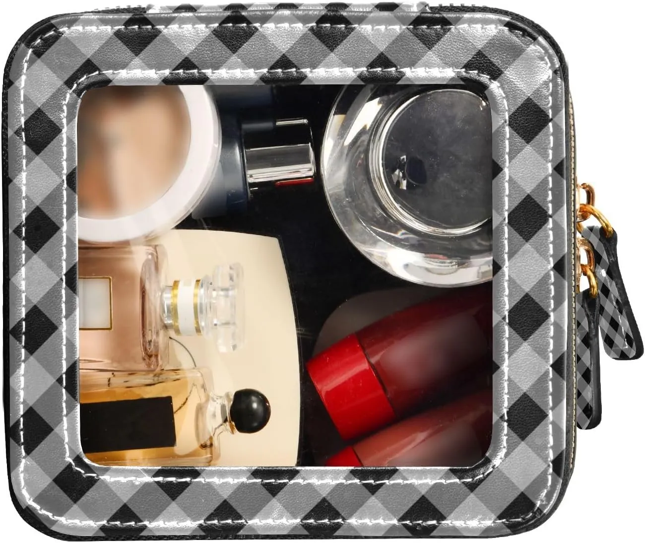 Clear Makeup Bag Small Cosmetic Bags Leather Travel Toiletry Bag with Zipper Mini Waterproof Make Up Brush Pouch Purse Organizer for Women Men Black and White Diagonal Gingham Plaid