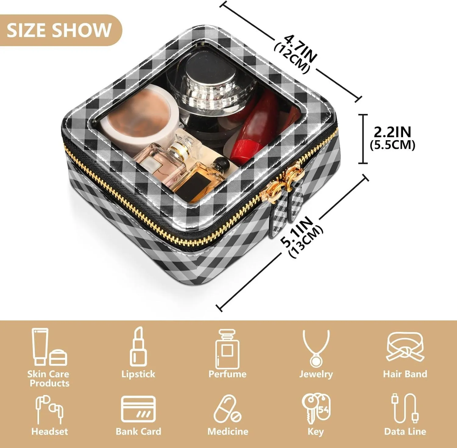 Clear Makeup Bag Small Cosmetic Bags Leather Travel Toiletry Bag with Zipper Mini Waterproof Make Up Brush Pouch Purse Organizer for Women Men Black and White Diagonal Gingham Plaid
