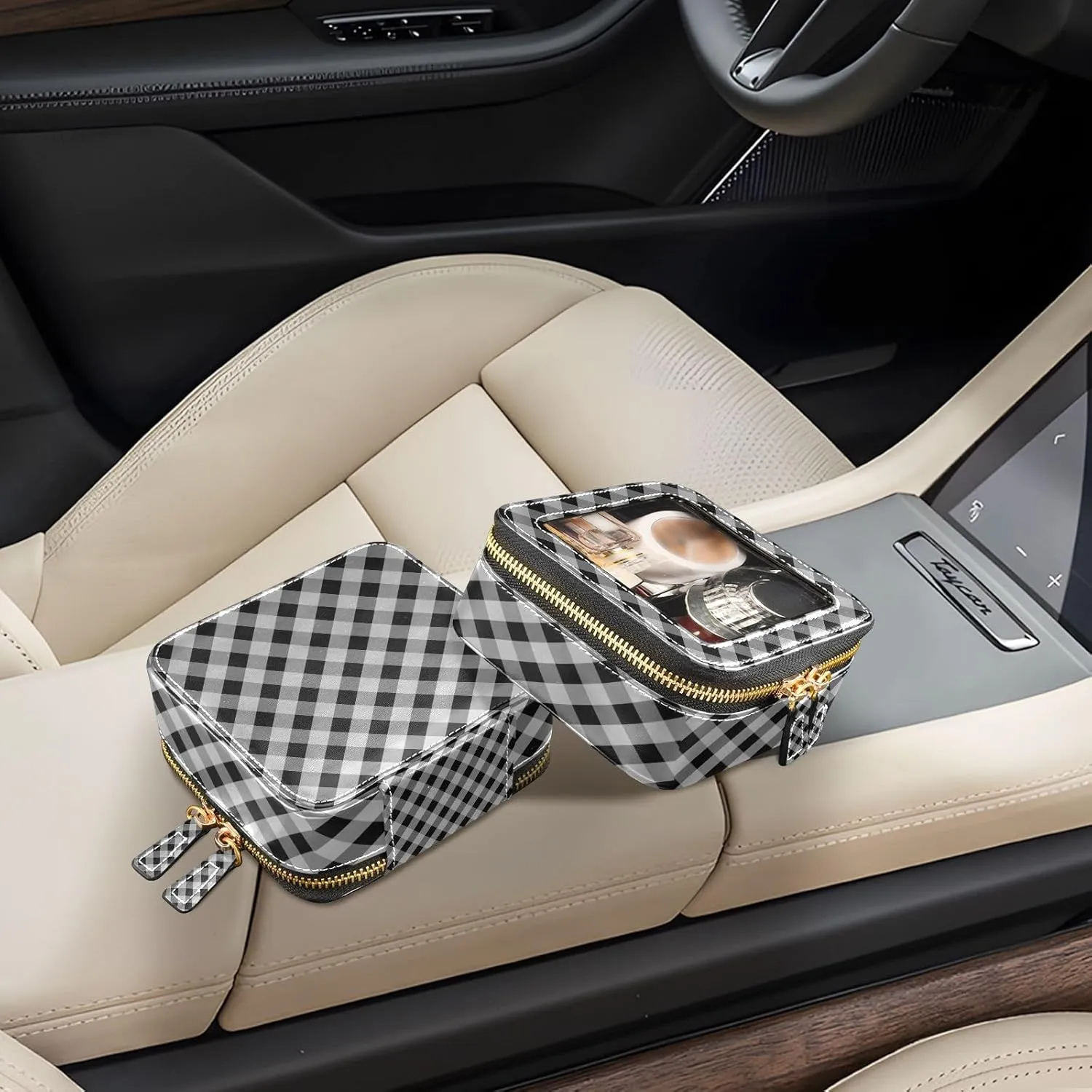 Clear Makeup Bag Small Cosmetic Bags Leather Travel Toiletry Bag with Zipper Mini Waterproof Make Up Brush Pouch Purse Organizer for Women Men Black and White Diagonal Gingham Plaid