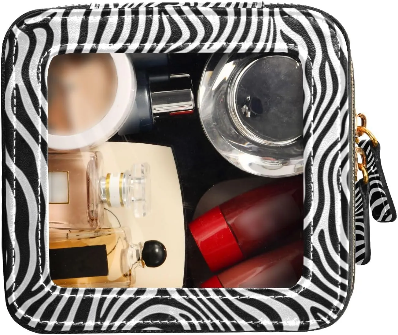 Clear Makeup Bag Small Cosmetic Bags Leather Travel Toiletry Bag with Zipper Mini Waterproof Make Up Brush Pouch Purse Organizer for Women Men Black Zebra