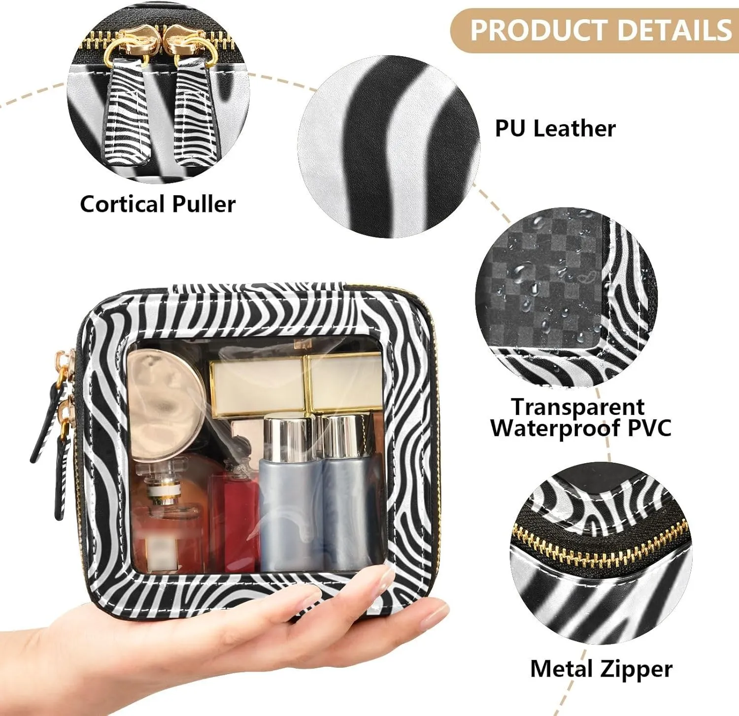 Clear Makeup Bag Small Cosmetic Bags Leather Travel Toiletry Bag with Zipper Mini Waterproof Make Up Brush Pouch Purse Organizer for Women Men Black Zebra