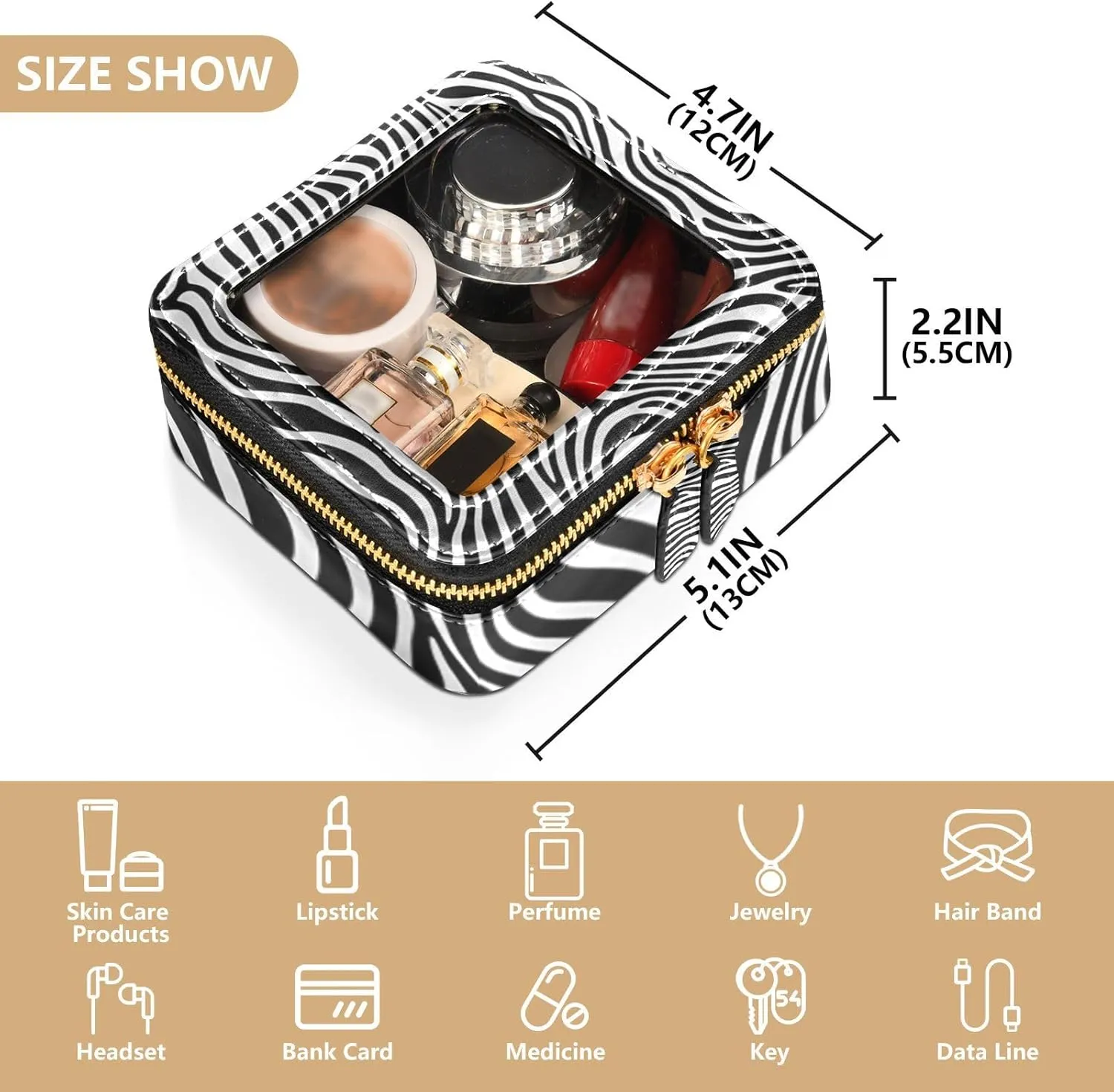 Clear Makeup Bag Small Cosmetic Bags Leather Travel Toiletry Bag with Zipper Mini Waterproof Make Up Brush Pouch Purse Organizer for Women Men Black Zebra