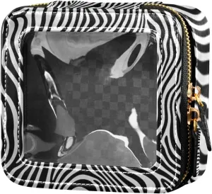 Clear Makeup Bag Small Cosmetic Bags Leather Travel Toiletry Bag with Zipper Mini Waterproof Make Up Brush Pouch Purse Organizer for Women Men Black Zebra