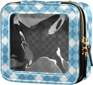 Clear Makeup Bag Small Cosmetic Bags Leather Travel Toiletry Bag with Zipper Mini Waterproof Make Up Brush Pouch Purse Organizer for Women Men Blue and White Checkered