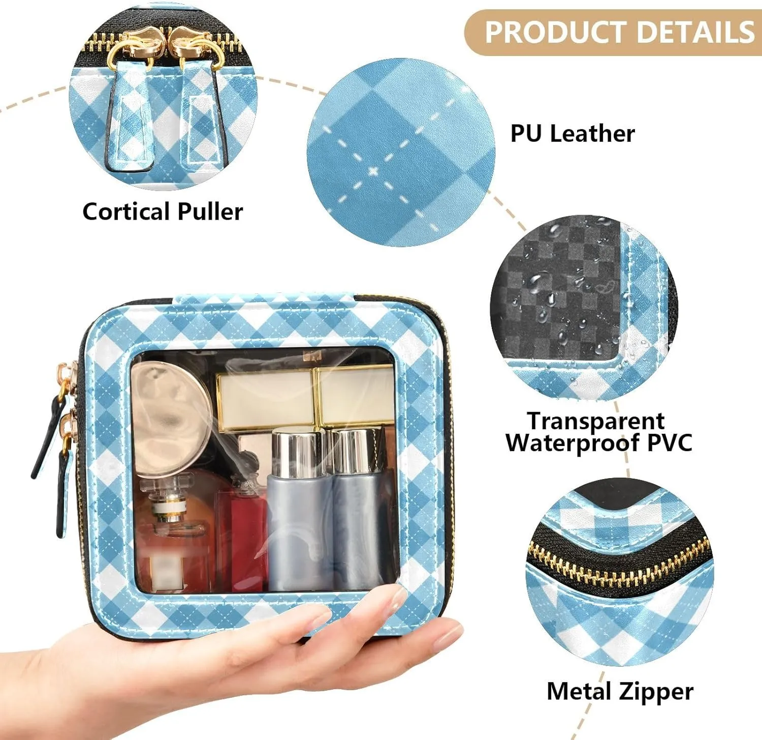 Clear Makeup Bag Small Cosmetic Bags Leather Travel Toiletry Bag with Zipper Mini Waterproof Make Up Brush Pouch Purse Organizer for Women Men Blue and White Checkered