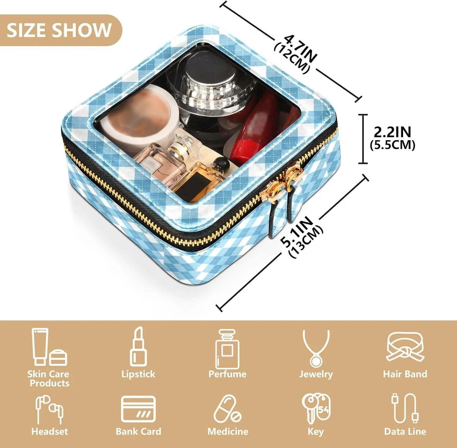 Clear Makeup Bag Small Cosmetic Bags Leather Travel Toiletry Bag with Zipper Mini Waterproof Make Up Brush Pouch Purse Organizer for Women Men Blue and White Checkered